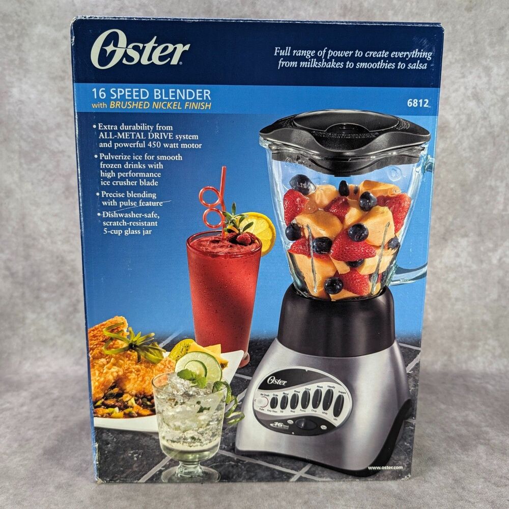Oster 6812 16 Speed Blender Brushed Nickel 450W 5 Cup Glass Jar All Metal Drive